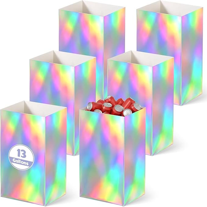 Tinlade 6 Pack 13 Gallon Iridescence Disposable Trash Cans Extra Large Thickened Waterproof Reusable Garbage Bins Foldable Pop up Recycle Bins for Galentines Day Bachelorette Wedding Iridescent Party
