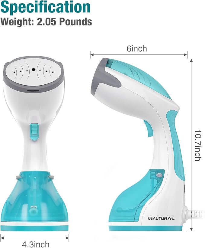 BEAUTURAL Steamer for Clothes Portable Handheld Garment Fabric Wrinkles Remover 30-Second Fast Heat-up Auto-Off Large Detachable Water Tank