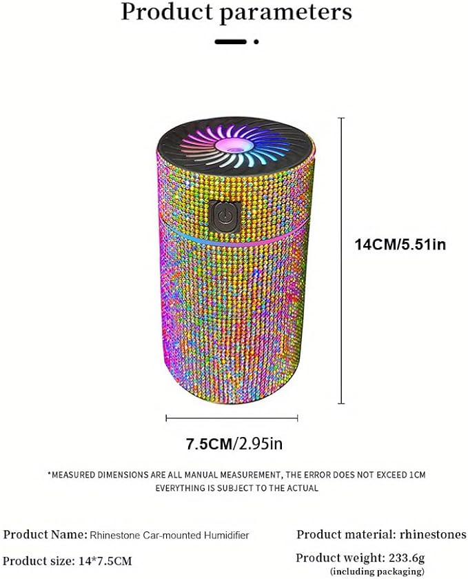 Luxury Rhinestone Car Diffuser Humidifier With LED Light Auto Air Purifier Aromatherapy Diffuser Air Freshener Car Accessories (white)