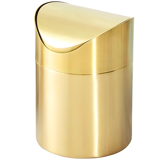 Mini Gold Trash Can Stainless Steel Desktop Garbage Bin with Swing Lid Small Countertop Waste Basket for Bathroom Office Removable Cover