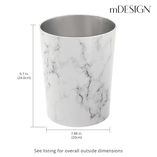 mDesign Round Metal Small 1.7 Gallon Recycle Trash Can Wastebasket Garbage Container Bin for Bathrooms Kitchen Bedroom Home Office - Durable Stainless Steel - Mirri Collection - White Marble