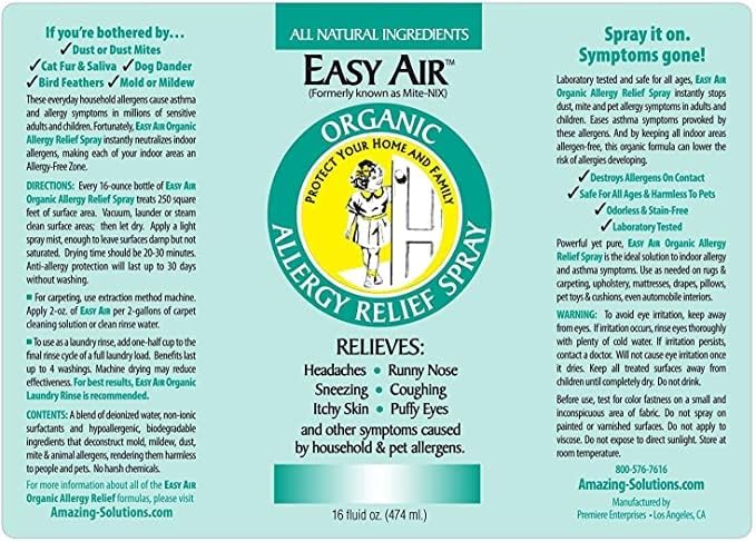 Easy Air Organic Allergy Relief Spray Clear Liquid Formula for Instant Relief for Symptoms of Pet Allergies Dust and Mite Allergy - 16 Fl Oz