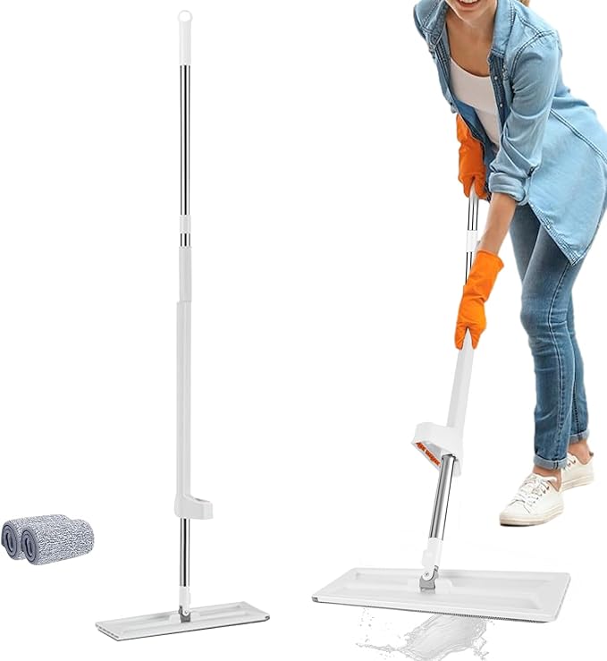 Floor Scrubber Mop - 126*36*11cm/49.61*14.17*4.33 Inches Tile Floor Scrubber Mop Self-Cleaning Bucket System Microfiber Flat Mops with Stainless Steel Handle | Wet Dry Dust Mopp for Convenient Pract