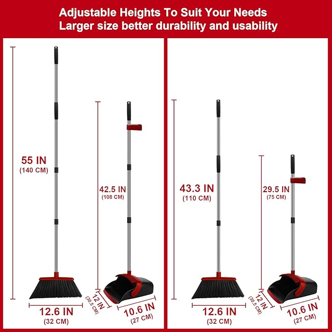 Broom and Dustpan Set Large Household Broom with Dustpan Combo Set 55 Inch Long Handle Red Dust Pan Combo Set for Home