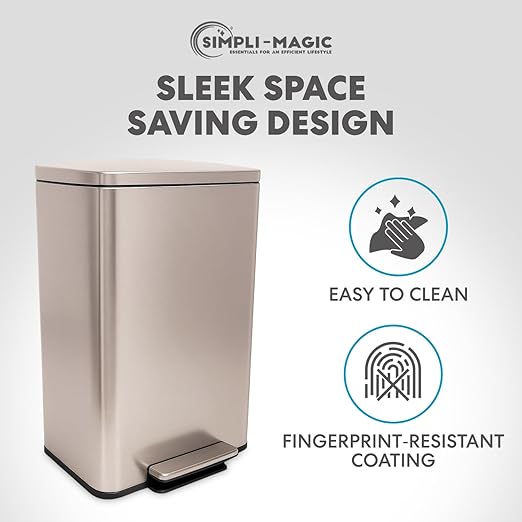 Simpli-Magic 13.2 Gallon (50L) Step Trash Can – Kitchen Garbage Can with Slow-Close Lid – Odor Control Hands-Free Easy to Clean Brushed Stainless Steel (Rose Gold)