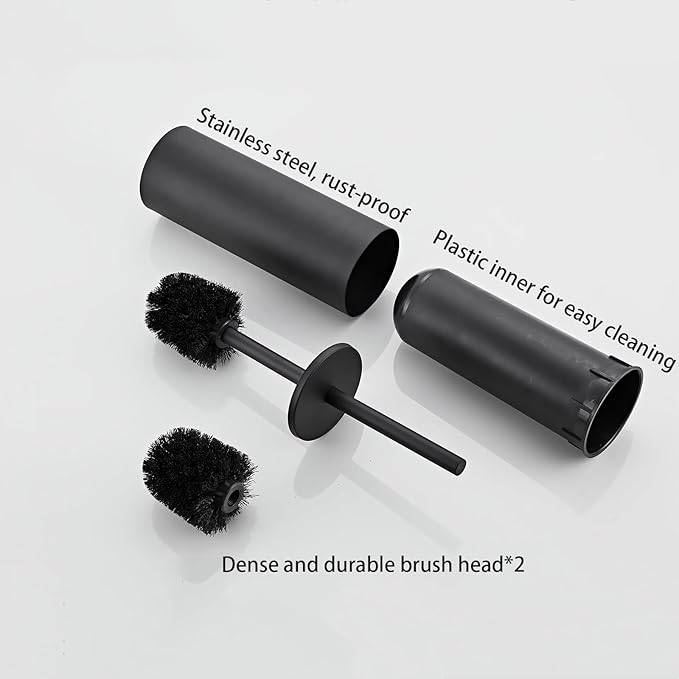Matte Black Toilet Brush and Holder Set - Stainless Steel Toilet Bowl Scrubber with Replaceable Head &amp Splash Guard