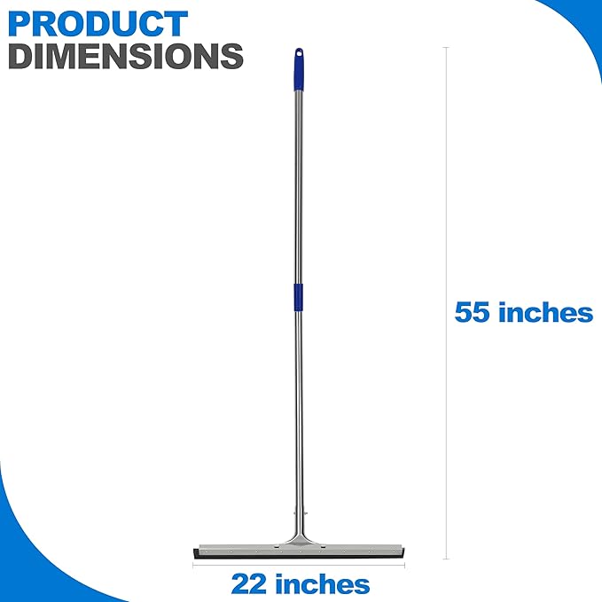 Floor Squeegee Scrubber 55inch Long Stainless Steel Handle with 22inch Wide Silicon Rubber Blade - Perfect Squeegee Broom for Floor Washing and Drying Shower Glass Marble Wood Surfaces