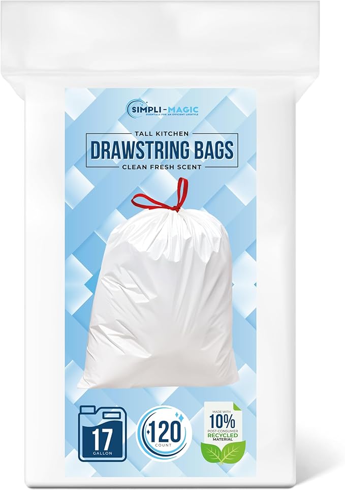 Simpli-Magic 17 Gallon Drawstring Trash Bags Code C 120 Pack – Tall Kitchen Garbage Bags Custom Made with Premium Materials (White)