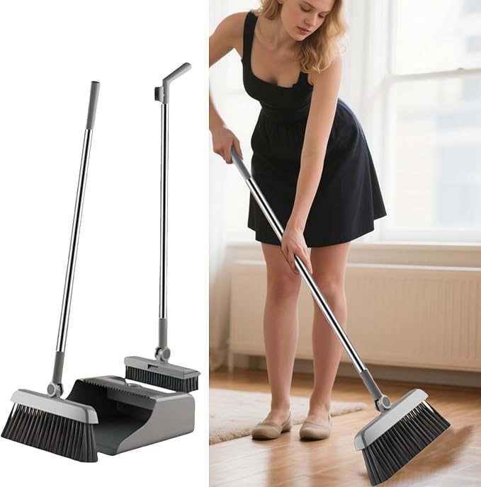 Broom With Dust Combo Set: Adjustable Handle  Compact Folding Cleaner Vertical Storage Design | For Home Apartment Kitchen Bedroom Kitchen Bedroom