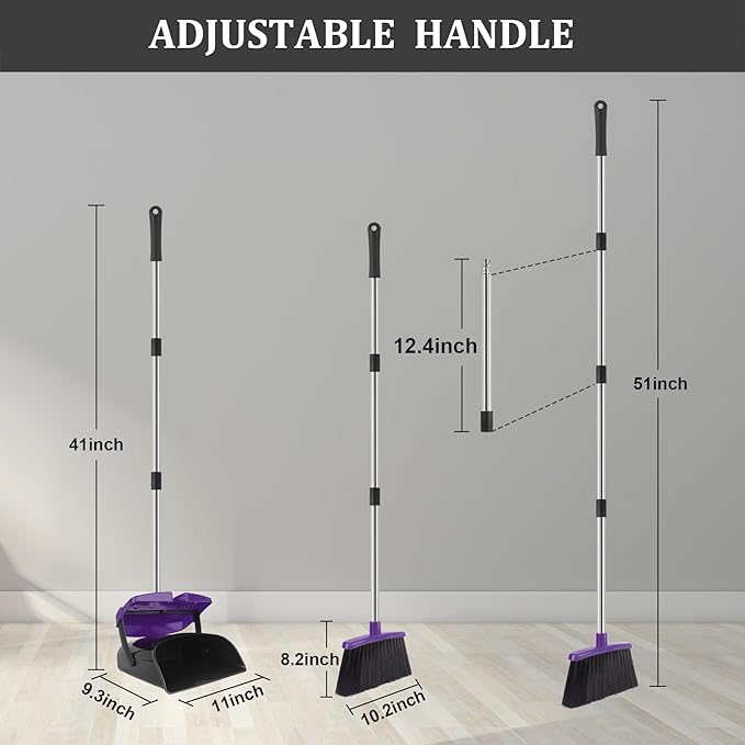 Broom and Dustpan Set 51 Long Handle Broom with Dustpan Combo Set Windproof and Self-Cleaning Teeth Purple Household Dust Pan Set Sweep Kitchen Office Lobby Pet Room