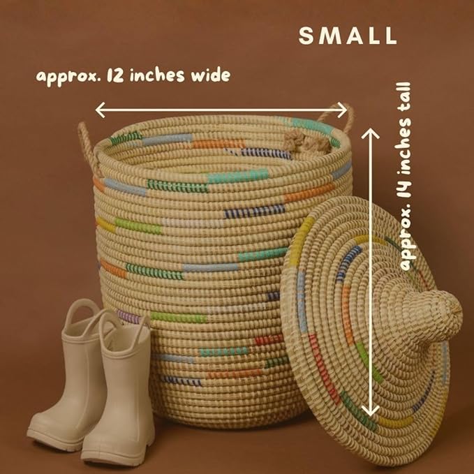 Wicker Storage Basket Handwoven African Basket 12 Inch Wide 14 Inch Tall Colorful Pattern on Beige