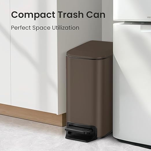 Cesun Small Bathroom Trash Can with Lid Soft Close Step Pedal 6 Liter / 1.6 Gallon Stainless Steel Garbage Can with Removable Inner Bucket Anti-Fingerprint Finish (Brown)