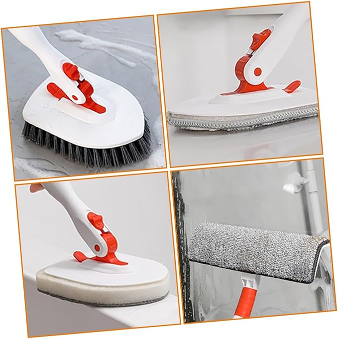 PRETYZOOM Long Handle Tub Tile Scrubber Brush with Hard Bristle and Fiber Cloth for Bathroom Floor Grout Cleaning Multi Surface Scrub Tool with Hanging for Easy Storage and Efficient Shower