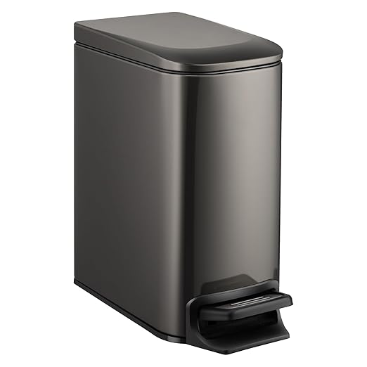 TIPGO Slim Bathroom Trash Can with Lid Soft Close 6 Liter / 1.6 Gallon Stainless Steel Garbage Can with Removable Inner Bucket Step Pedal Small Trash Cans for Bedroom Office Kitchen (Black Gold)