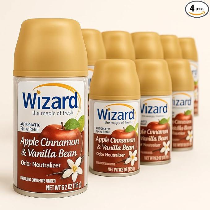 Wizard Automatic Spray Refill – Apple Cinnamon &amp Vanilla Bean 5 oz (12 Pack) | Compatible with Air Wick Freshmatic &amp Glade Dispensers | Long Lasting Odor Neutralizer for Home &amp Office