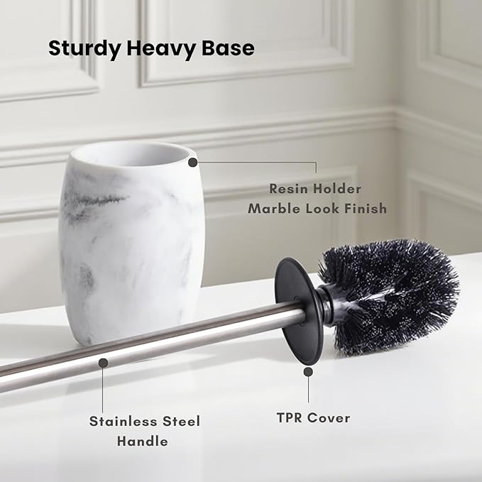 Toilet Bowl Brush and Holder with Stainless Steel Long Handle Toilet Scrubber Brush with Durable Base 360° Deep Cleaning Bristles for Bathroom Compact Set for Small Space (White)