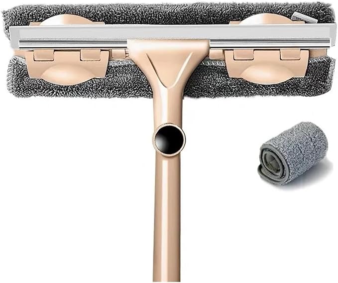Glass Cleaning Mop Telescopic Rod Window Tools Windows Wiper Long Handle Washing Brush Cleaner Products For Home(Khaki 1 mop 2 cloth)