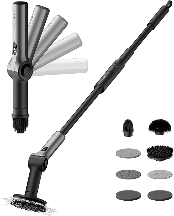 HOTO Flexi™ Cordless Electric Spin Scrubber Adjustable Angle Extendable Handle Smart Display IPX7 Waterproof Powerful Cleaning Scrubber with 8 Replaceable Brush Heads for Bathtub Bathroom Tile