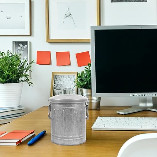 Mini Galvanized Trash Can Small Trash Can with Lid Table Top Metal Rubbish Bin Wastepaper Basket Flower Pot Pen Holder Kitchen Compost Bin Ash Bucket