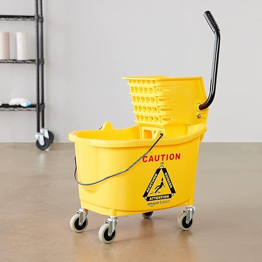 Amazon Basics Commercial Side Press Wringer Floor Cleaning Mop Bucket on Wheels 35-Quart Yellow