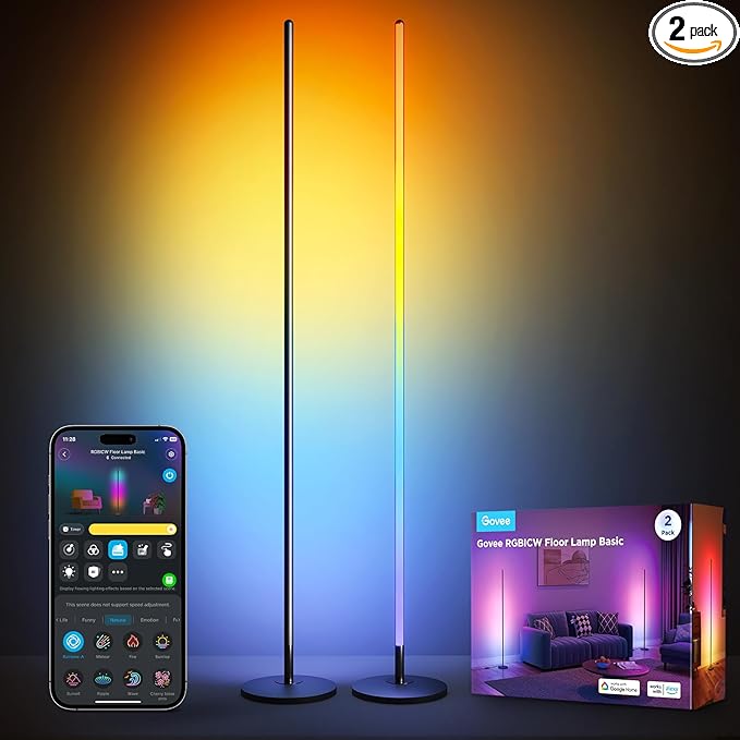 Govee RGBIC Floor Lamp Basic 2-Pack Compatible with Alexa LED Smart Standing Lamp with Voice Control Color Changing Bedside Floor Lamp for Bedroom Nightstand Corner Lights Black