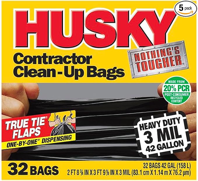 5-Pack of 42 gal Poly - America HKR42WC032B Black Husky Wave Cut Contractor Trash Bags 32-Count