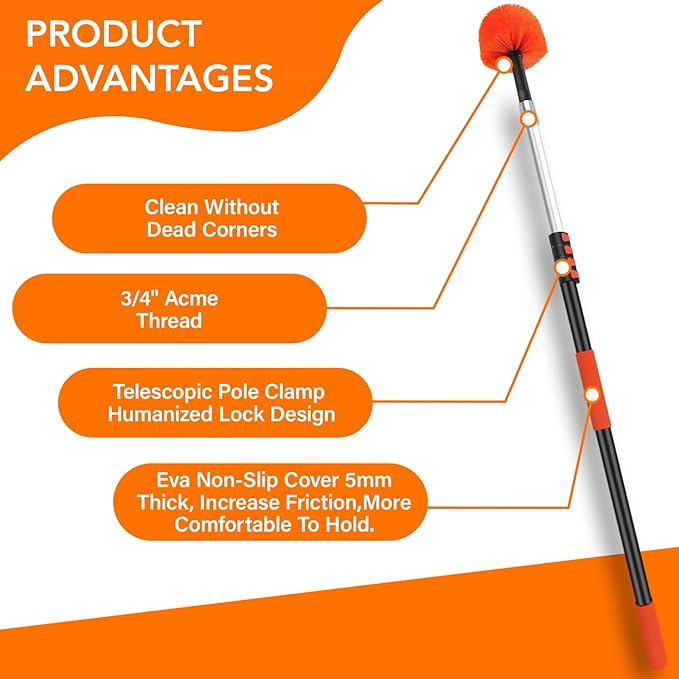 26FT Cobweb Duster with Extension Pole - High Reach Duster for High Ceilings &amp Outdoor Use - Telescoping Pole 5-20 Ft Soft Bristles Cobweb Cleaner - 3/4 Acme Universal Thread