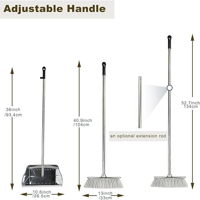 Metal Dustpan with Broom Set Long Handle Stainless Steel DustpanHeavy Duty Standing Dust Pan with Teeth Indoor Outdoor Up for Home Kitchen Lobby Room Office