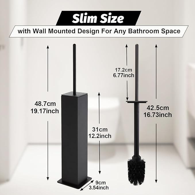 BGL Toilet Brush with Holder Set Matte Black Aluminium Standing for Bathroom Toilet Bowl Cleaner Brush and Holder Set Square Design