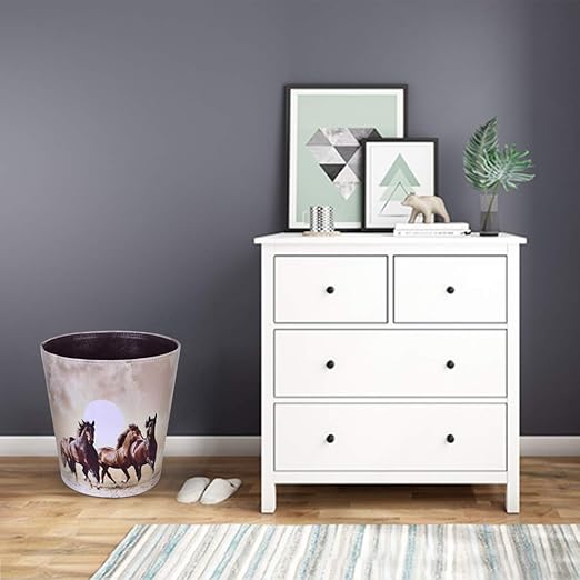 10L/2.64 Gallon PU Leather Trash Can Waterproof Decorative Paper Basket for Bedroom Bathroom - (Horse Pattern A)