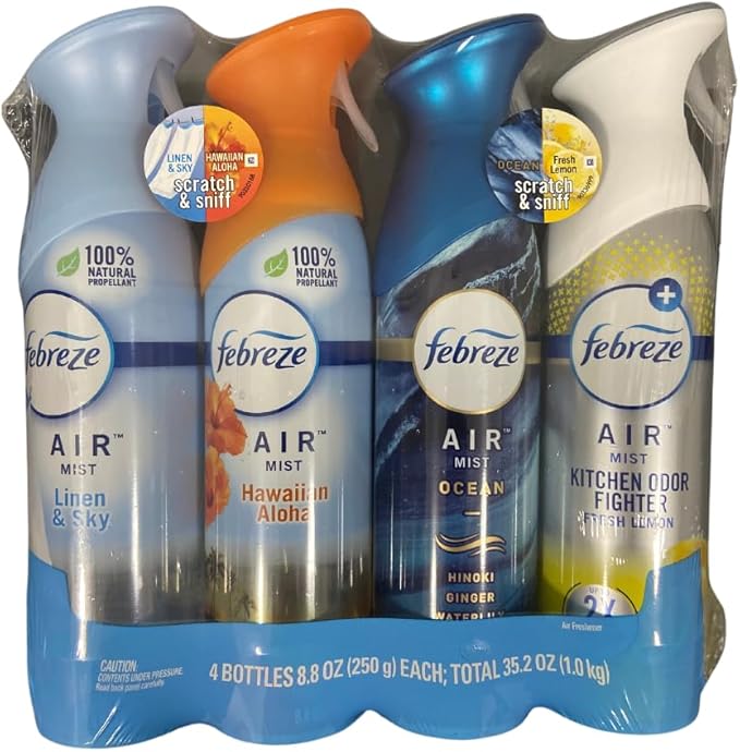 Febreze Air Effects Odor-Eliminating Air Freshener Linen &amp Sky Hawaiian Aloha Ocean Heavy Duty Kitchen Odor Eliminator Fresh Lemon 8.8 oz. Aerosol Can Pack of 4