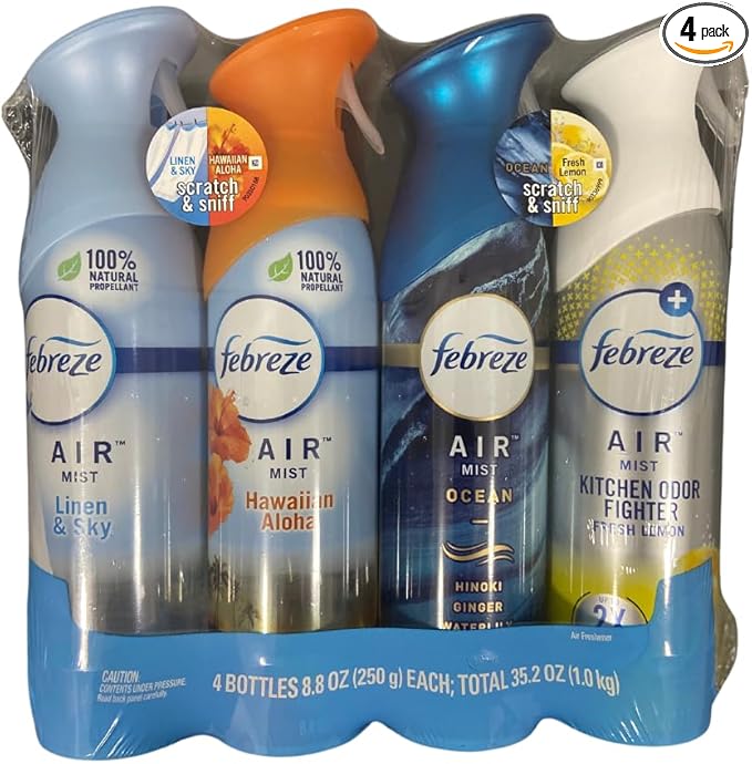 Febreze Air Effects Odor-Eliminating Air Freshener Linen &amp Sky Hawaiian Aloha Ocean Heavy Duty Kitchen Odor Eliminator Fresh Lemon 8.8 oz. Aerosol Can Pack of 4