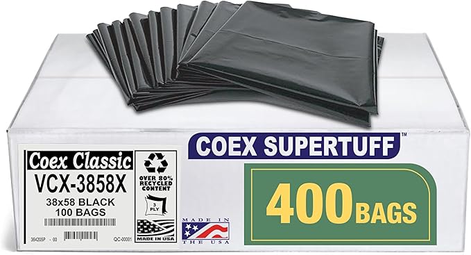 Aluf Plastics - Value COEX 3 Ply Garbage Bags 55-60 Gallon 1.5 Mil (eq) 38x58 Black 400 Count