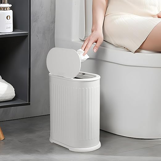 Anzoymx Bathroom Trash Cans White Stainless Steel Small Garbage Can with Pop up Lid 1.8 Gallons Dog Proof Narrow Wastebasket Slim Litter Trash Bins for Bedroom Toilet Office