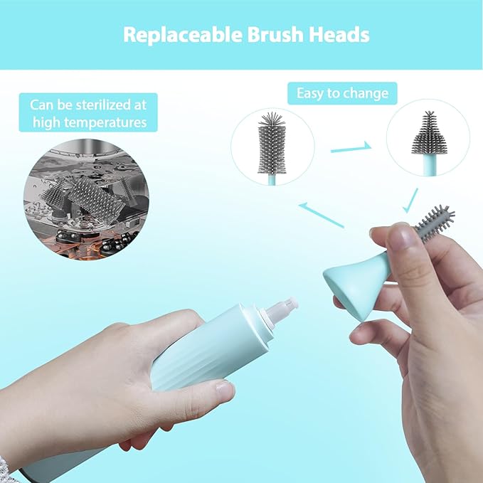 Electric Baby Bottle Brush Set with Rechargeable Electric Bottle Brush Cleaner and Replaceable Silicone Bottle Brushes and Straw Brush Cleaner Waterproof Multi-Purpose Cleaning Brush(Blue)