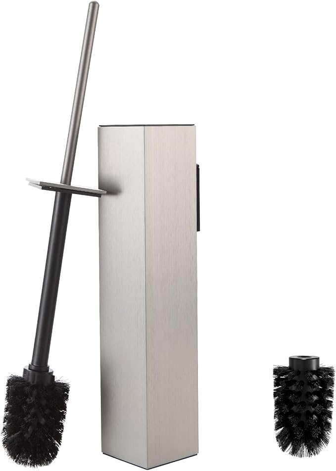 Toilet Brush and Holder Wall Mounted Brushed Nickel Aluminum with 2 Replaceable Heads Bathroom Toilet Brush Drill or 3M Adhesive Mount for Bathroom