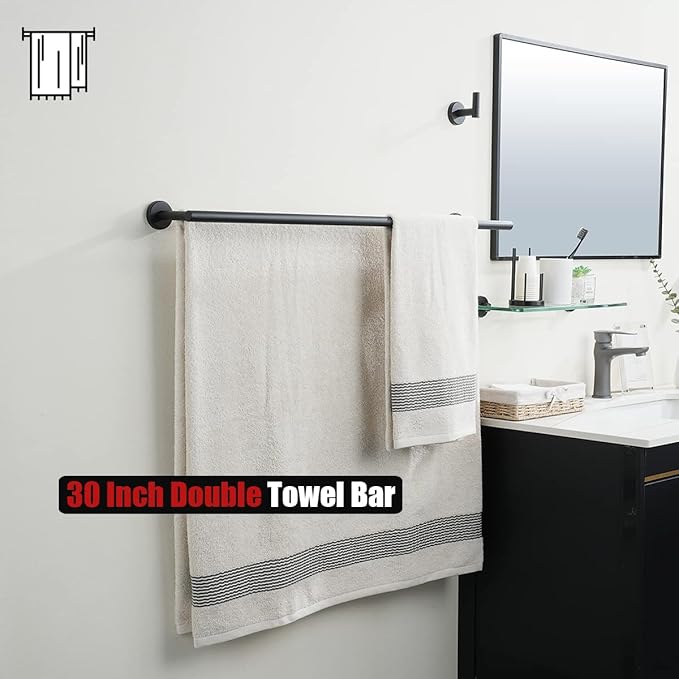 JQK Double Bath Towel Bar Matte Black 33 Inch 304 Stainless Steel Thicken 0.8mm Towel Rack for Bathroom Towel Holder Wall Mount Useable Length 30 Inch 2 Pack TB100L30-PB-P2
