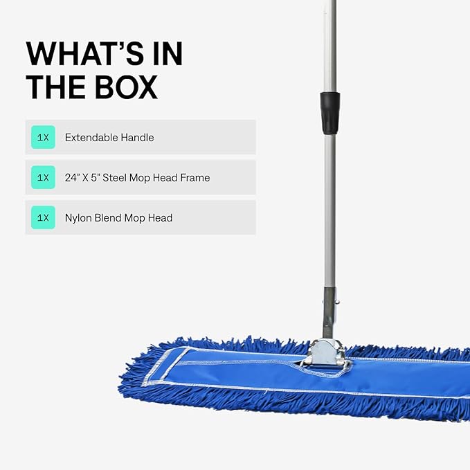 24 Inch Blue Commercial Dust Mop &amp Floor Sweeper with Extendable Handle – Mop for Hardwood Tile and Concrete Floor Cleaning