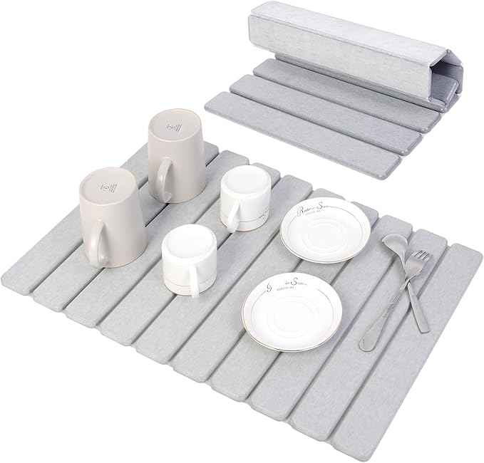 BoxedHome Large Stone Dish Drying Mat for Kitchen Counter Foldable Diatomaceous Earth Water Absorbing Mat Bottles Cups 24(L)×16(W) Light Gray