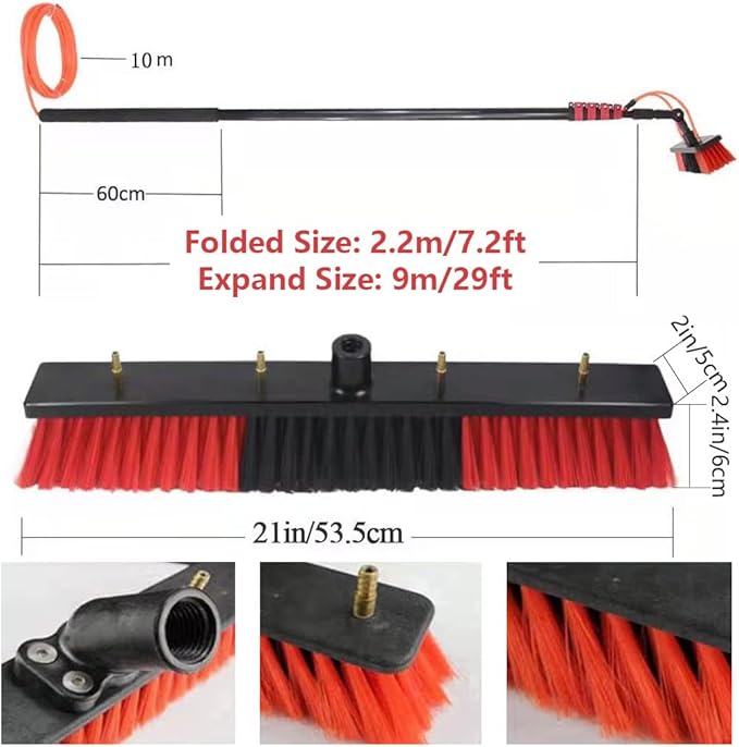 Water Fed Telescopic Washing Brush Window Glass Wall Cleaning Extension Pole Extendable Cleaner Conservatory Roof Photovoltaic Panel Cleaning Telescopic Brush Tools for Hose 29ft/9m
