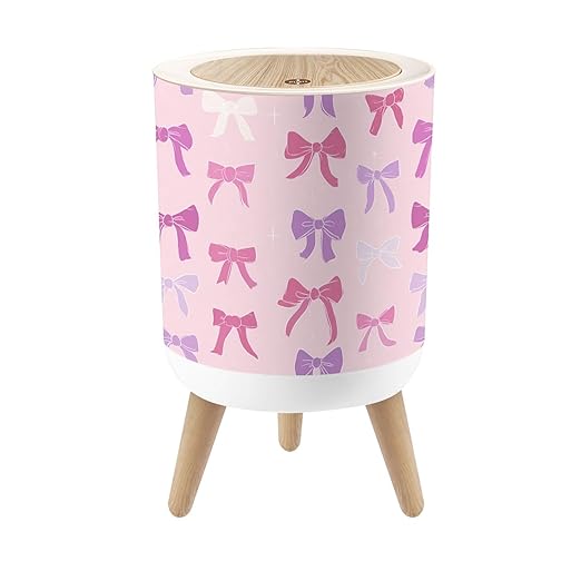 Bathroom Trash Can with Lid Pink Bows Ribbons Seamless Valentines Design Coquette core Handdrawn Garbage Bin Waste Basket for Kitchen Office Bedroom Decoration Diaper Pail 1.8 Gallon