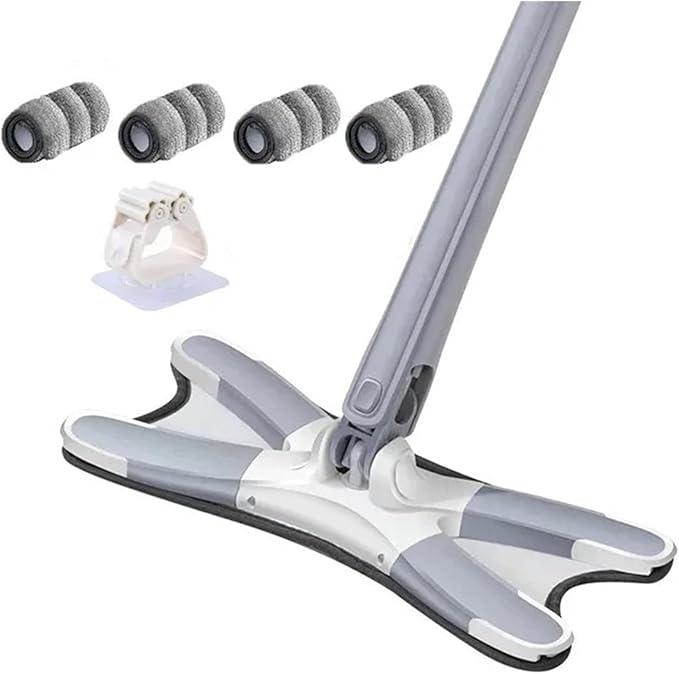 Floor Mop X-Shaped Microfiber Cleaning 360° Rotating Hand-Free Washing Wood Squeeze for Home Kitchen(1mop4cloth)