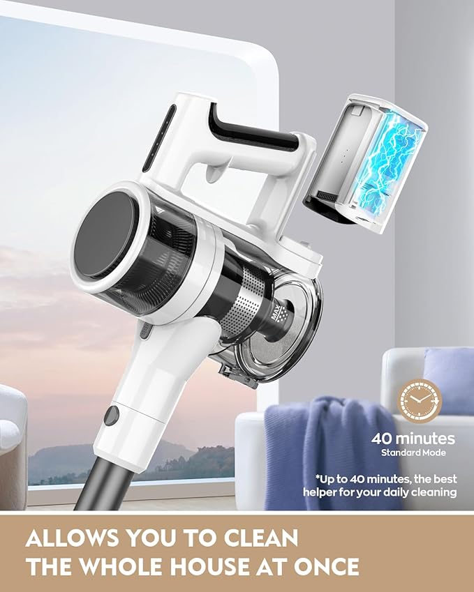 Cordless Vacuums 80000PRM Powerful Motor Vacuum Cleaner and 2200mAH Rechargeable Battery up to 35 Mins Worktime 2 Adjustable Modes Detachable Parts Wireless Stick Vacuum (Onion White)
