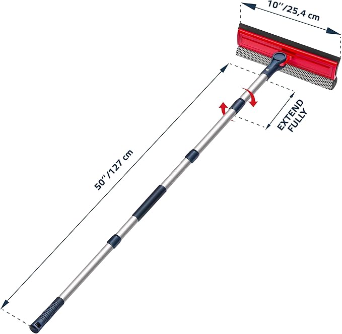 DSV Standard Professional Window Squeegee | 2-in-1 Window Cleaner Sponge and 10 Soft Rubber Strip with Extension Pole 34 INCH &amp 86.5 cm | Adjustable to Clean from Multiple Angles