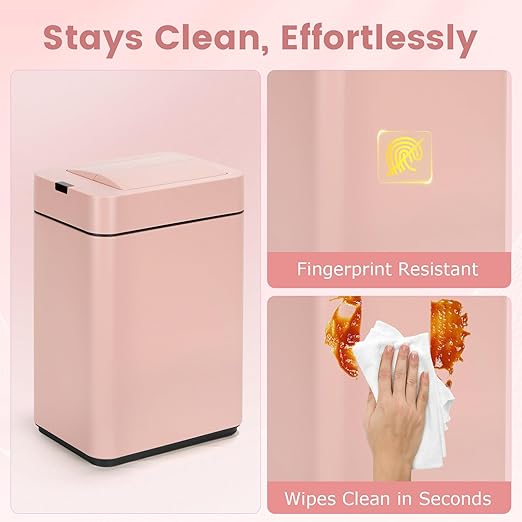 Sensor Trash Can with Butterfly Lid 2.6 Gallon Rectangular Automatic Garbage Can Stainless Steel Trash Bin Slim Waterproof Wastebaskets with Lid Soft Close for Under Counter Pink