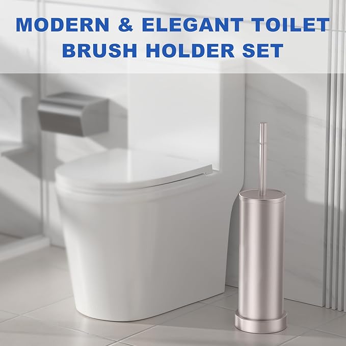 Brushed Nickel Toilet Brush and Holder Set 304 Stainless Steel Toilet Brush for Bathroom Heavy Duty Toilet Bowl Brush with Holder Removable Inner Bowl and Splash Protection Long Handle
