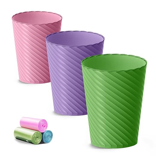 Lysam Bathroom Trash Can 3 Pack 1.8 Gallons Small Trash Can with Trash Bags Bathroom Garbage Can Plastic Trash Bin Round Waste Basket for Bedroom Office Compact Space (Pink Purple Green)