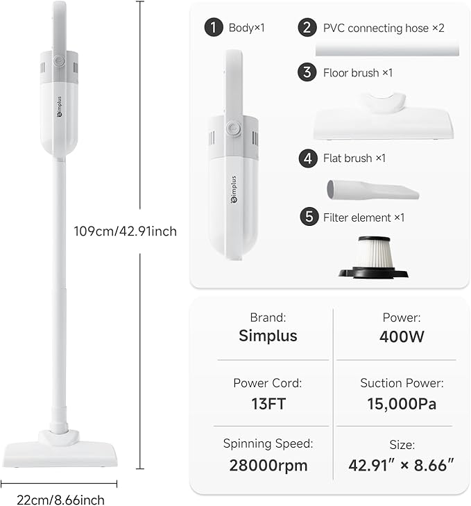 SIMPLUS Vaccum Cleaner for Home Corded Stick Vaccum 400W 15KPA for Pet Hair Small Handheld Vaccum for Hardwood Floor Electronics Lightweight Mini Vaccum for Dorm Apartment Bedroom Wall