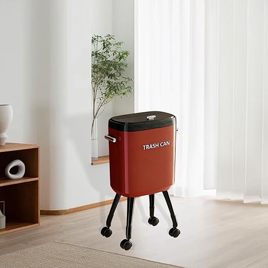Garbage Can with Legs Dustbin High Foot 15L Large Capacity Household No Bending Wastebasket for Office Bedroom Kitchen Toilet Red with Caster