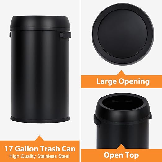 GarveeHome 17 gal/65 L Open Top Trash Can Stainless Steel Rubbish Bin Commercial Grade Waste Container Round Garbage Can for Outdoor Home Office Restaurant Black